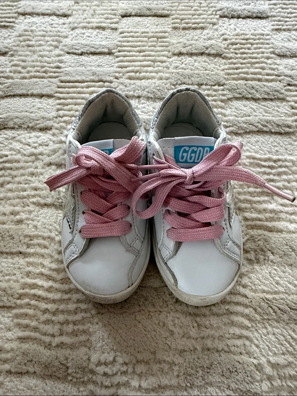 Golden Goose White Sneakers with Pink Laces and Silver Star Accent